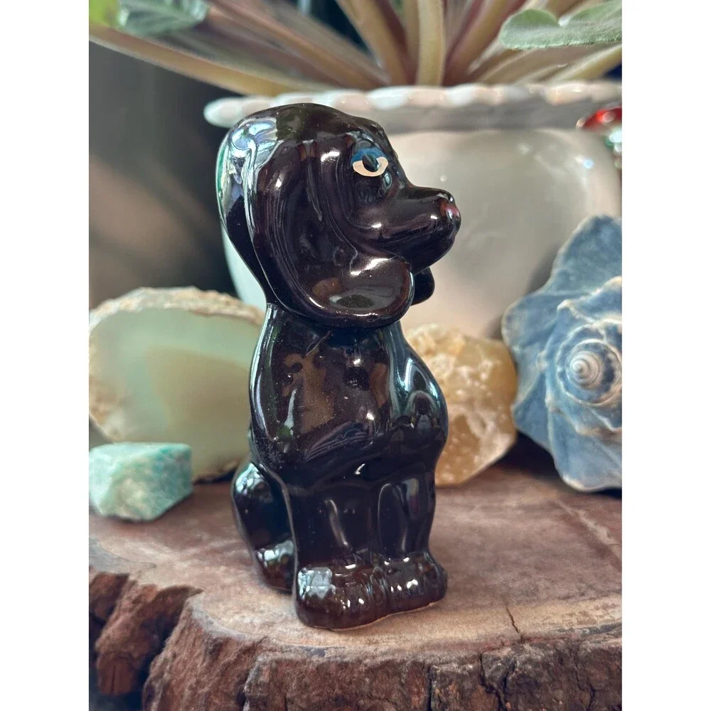 Vintage Brown Glazed Hound Dog Figurine Hand Painted Redware Pottery Folk Art Pu